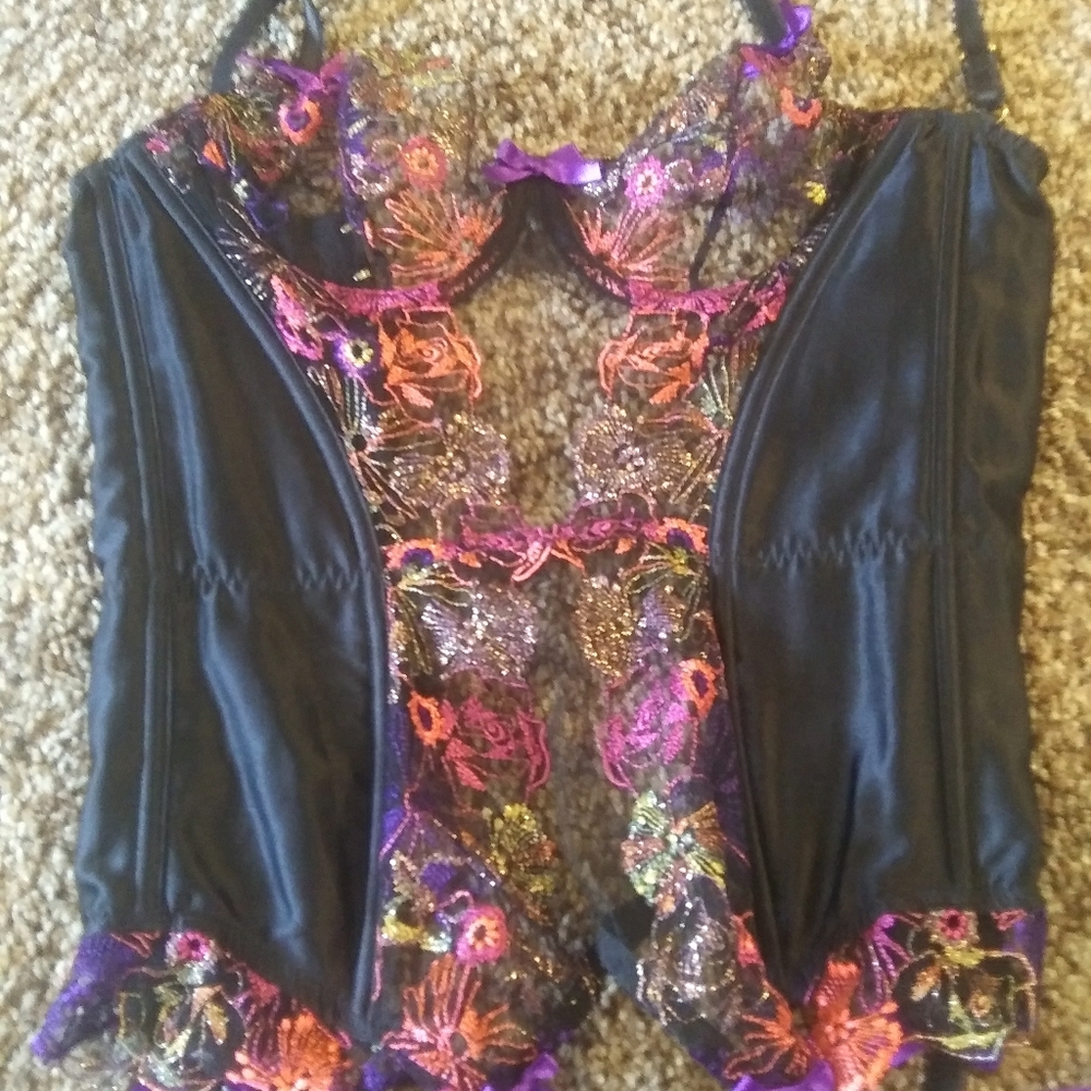Floral Embroidered Mesh and Satin Corset